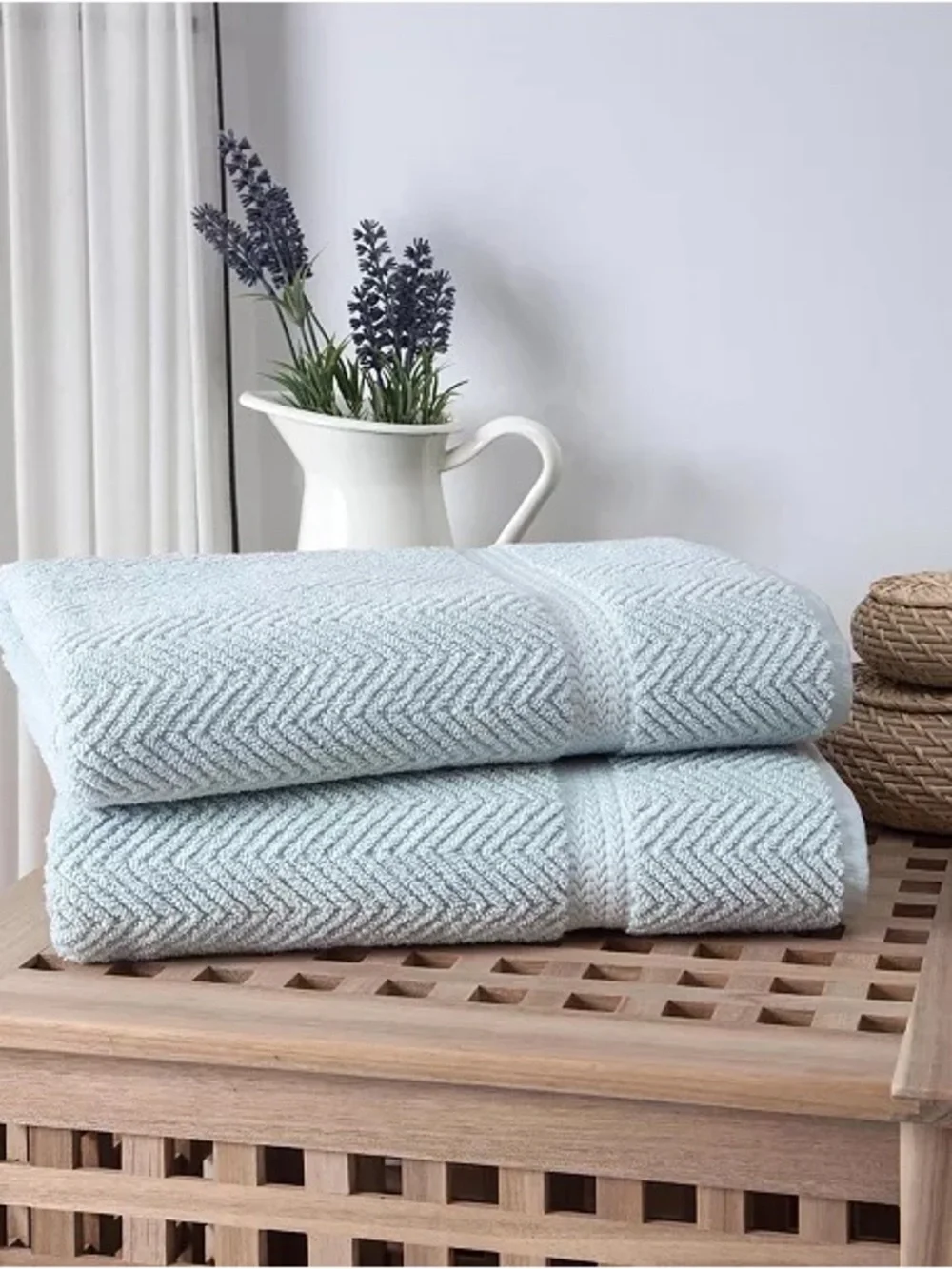 OZAN PREMIUM HOME Maui Hand Towels Herringbone Textured Cotton Light Aqua 2pc